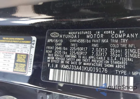 2019 Hyundai Tucson Value z USA, uszkodzony, nr VIN KM8J33A41KU019176